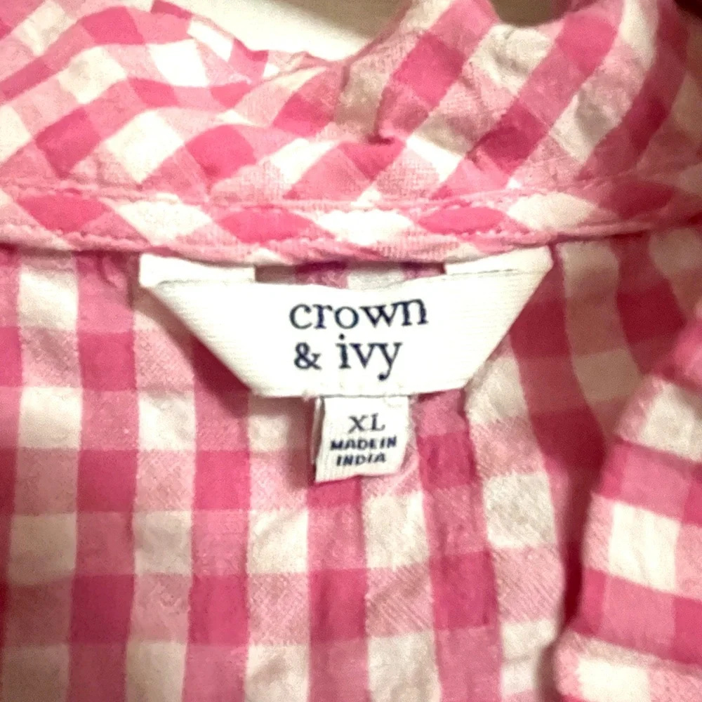 Crown & Ivy Pink Gingham Sleeveless Ruffle Neck Blouse XL - Picture 2 of 4